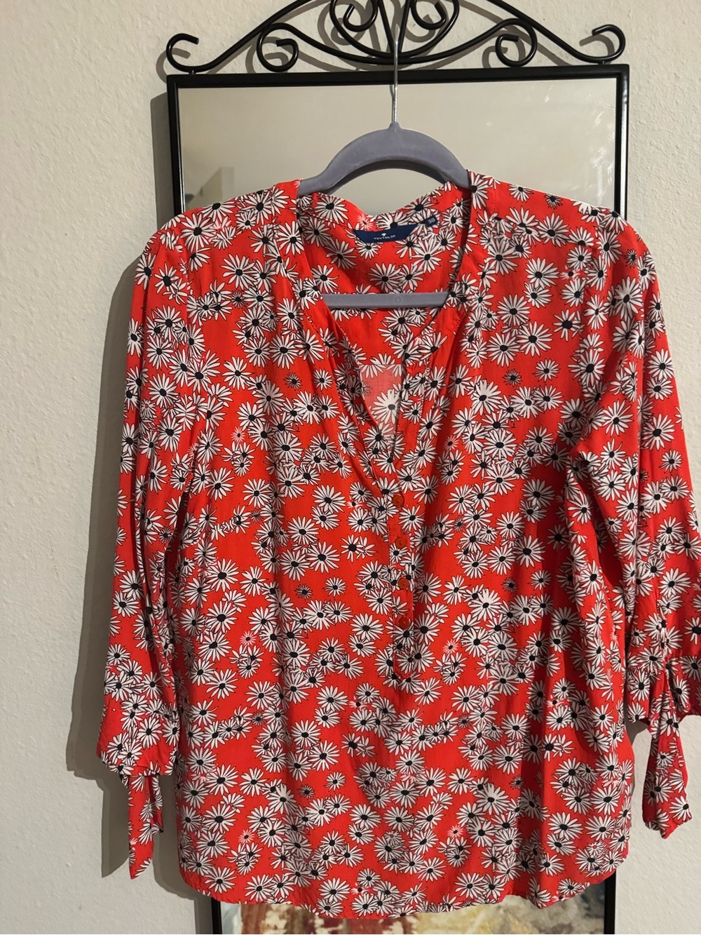 Tom Tailor Red Floral Blouse – Daisy Print, Tie-Sleeve Detail, Size 38